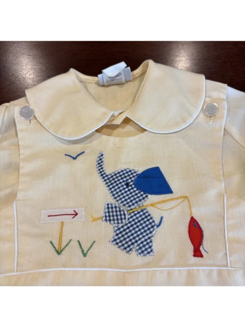 Vintage Baby Boys Jayne Copeland 2-pc Romper Pale Yellow Elephant Fishing 4 T